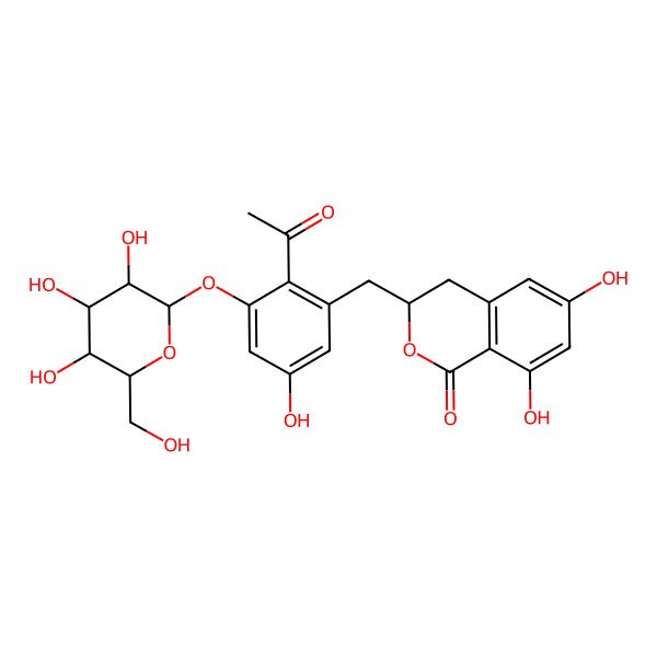 2D Structure of (3S)-3-[[2-acetyl-5-hydroxy-3-[(2R,3S,4R,5R,6S)-3,4,5-trihydroxy-6-(hydroxymethyl)oxan-2-yl]oxyphenyl]methyl]-6,8-dihydroxy-3,4-dihydroisochromen-1-one