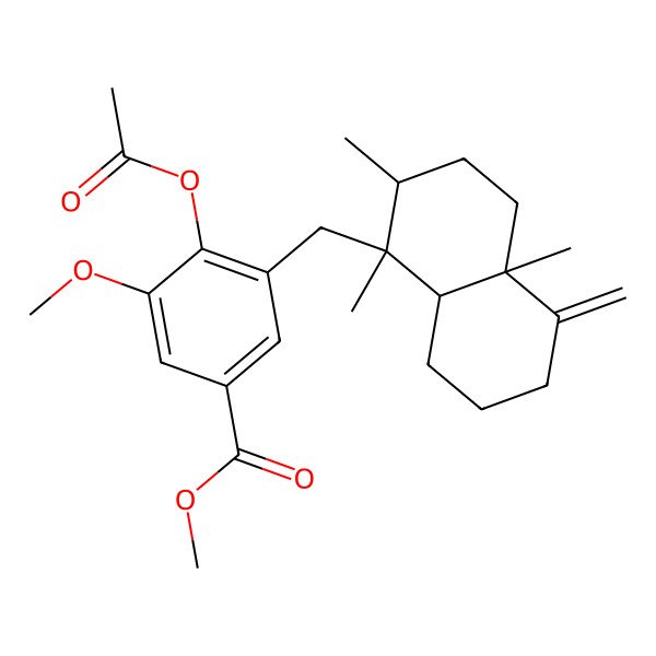 2D Structure of methyl 3-[[(1R,2S,4aS,8aS)-1,2,4a-trimethyl-5-methylidene-3,4,6,7,8,8a-hexahydro-2H-naphthalen-1-yl]methyl]-4-acetyloxy-5-methoxybenzoate