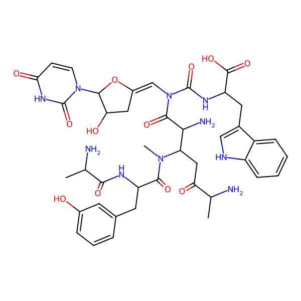 2D Structure of 2-[[[(6S)-2,6-diamino-3-[[(2S)-2-[[(2S)-2-aminopropanoyl]amino]-3-(3-hydroxyphenyl)propanoyl]-methylamino]-5-oxoheptanoyl]-[(E)-[5-(2,4-dioxopyrimidin-1-yl)-4-hydroxyoxolan-2-ylidene]methyl]carbamoyl]amino]-3-(1H-indol-3-yl)propanoic acid