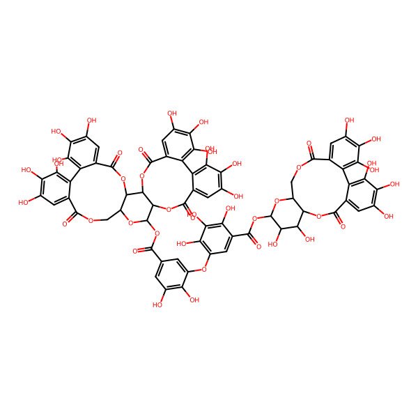 2D Structure of (3,4,5,11,12,21,22,23-Octahydroxy-8,18-dioxo-9,14,17-trioxatetracyclo[17.4.0.02,7.010,15]tricosa-1(23),2,4,6,19,21-hexaen-13-yl) 5-[5-[(7,8,9,12,13,14,28,29,30,33,34,35-dodecahydroxy-4,17,25,38-tetraoxo-3,18,21,24,39-pentaoxaheptacyclo[20.17.0.02,19.05,10.011,16.026,31.032,37]nonatriaconta-5,7,9,11,13,15,26,28,30,32,34,36-dodecaen-20-yl)oxycarbonyl]-2,3-dihydroxyphenoxy]-2,3,4-trihydroxybenzoate