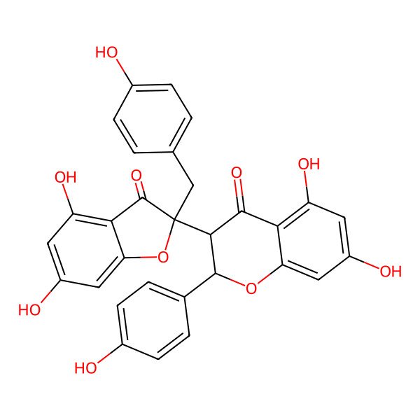 2D Structure of (2S,3R)-3-[(2S)-4,6-dihydroxy-2-[(4-hydroxyphenyl)methyl]-3-oxo-1-benzofuran-2-yl]-5,7-dihydroxy-2-(4-hydroxyphenyl)-2,3-dihydrochromen-4-one