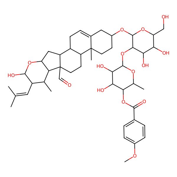 2D Structure of [(2S,3S,4R,5R,6R)-6-[(2S,3S,4R,5S,6S)-2-[[(1S,2R,4S,6R,7S,8R,9S,10S,13R,14R,17R)-10-formyl-6-hydroxy-8,14-dimethyl-7-(2-methylprop-1-enyl)-5-oxapentacyclo[11.8.0.02,10.04,9.014,19]henicos-19-en-17-yl]oxy]-4,5-dihydroxy-6-(hydroxymethyl)oxan-3-yl]oxy-4,5-dihydroxy-2-methyloxan-3-yl] 4-methoxybenzoate