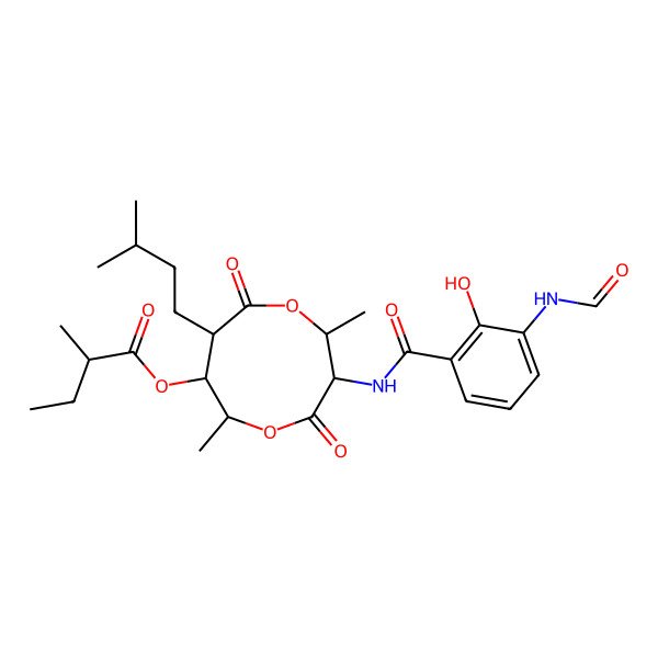 2D Structure of [3-[(3-Formamido-2-hydroxybenzoyl)amino]-2,6-dimethyl-8-(3-methylbutyl)-4,9-dioxo-1,5-dioxonan-7-yl] 2-methylbutanoate