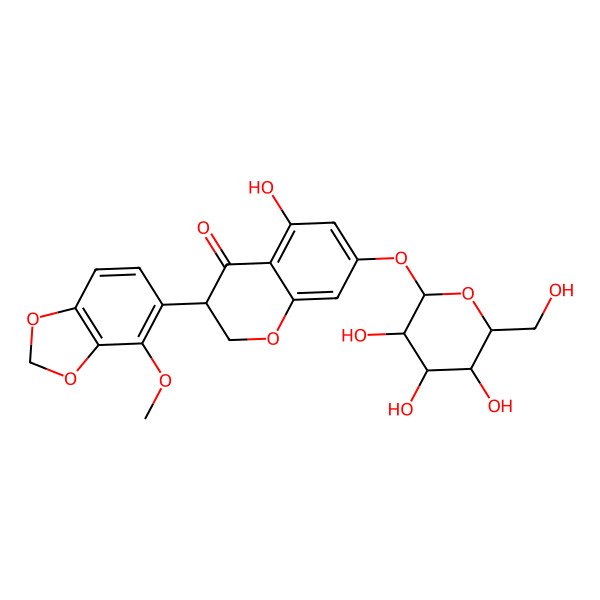 2D Structure of (3S)-5-hydroxy-3-(4-methoxy-1,3-benzodioxol-5-yl)-7-[(2S,3R,4S,5S,6R)-3,4,5-trihydroxy-6-(hydroxymethyl)oxan-2-yl]oxy-2,3-dihydrochromen-4-one