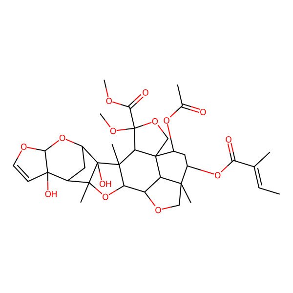 2D Structure of Methyl 25-acetyloxy-7,14-dihydroxy-4-methoxy-6,16,22-trimethyl-23-(2-methylbut-2-enoyloxy)-3,9,11,17,20-pentaoxaoctacyclo[17.6.1.18,15.01,5.06,18.07,16.010,14.022,26]heptacos-12-ene-4-carboxylate