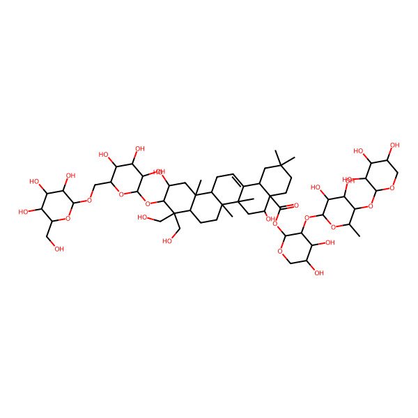 2D Structure of [3-[3,4-Dihydroxy-6-methyl-5-(3,4,5-trihydroxyoxan-2-yl)oxyoxan-2-yl]oxy-4,5-dihydroxyoxan-2-yl] 5,11-dihydroxy-9,9-bis(hydroxymethyl)-2,2,6a,6b,12a-pentamethyl-10-[3,4,5-trihydroxy-6-[[3,4,5-trihydroxy-6-(hydroxymethyl)oxan-2-yl]oxymethyl]oxan-2-yl]oxy-1,3,4,5,6,6a,7,8,8a,10,11,12,13,14b-tetradecahydropicene-4a-carboxylate