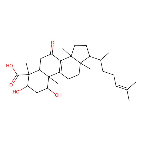 2D Structure of 1,3-Dihydroxy-4,10,13,14-tetramethyl-17-(6-methylhept-5-en-2-yl)-7-oxo-1,2,3,5,6,11,12,15,16,17-decahydrocyclopenta[a]phenanthrene-4-carboxylic acid