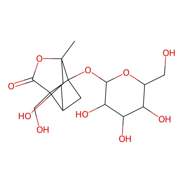 2D Structure of (1R,3R,4R,6S,9S)-4-hydroxy-9-(hydroxymethyl)-6-methyl-1-[(2S,3R,4S,5S,6R)-3,4,5-trihydroxy-6-(hydroxymethyl)oxan-2-yl]oxy-7-oxatricyclo[4.3.0.03,9]nonan-8-one