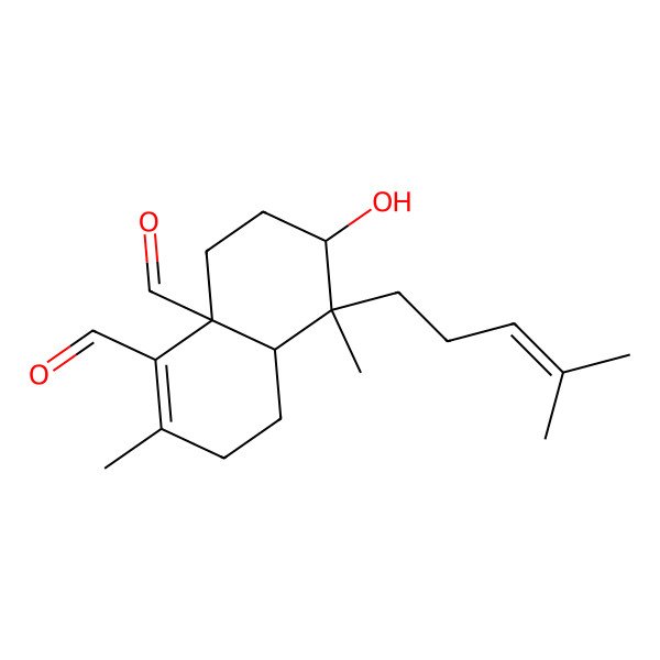 2D Structure of (4aS,5S,6S,8aR)-6-hydroxy-2,5-dimethyl-5-(4-methylpent-3-enyl)-3,4,4a,6,7,8-hexahydronaphthalene-1,8a-dicarbaldehyde 2D Structure of (4aS,5S,6S,8aR)-6-hydroxy-2,5-dimethyl-5-(4-methylpent-3-enyl)-3,4,4a,6,7,8-hexahydronaphthalene-1,8a-dicarbaldehyde