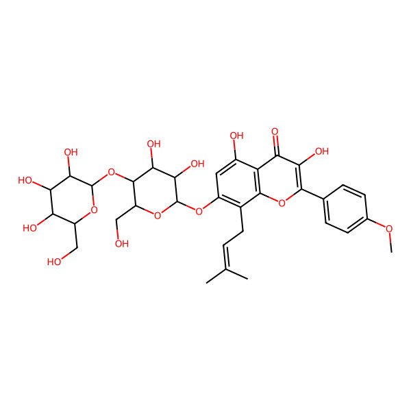 2D Structure of 7-[(2S,3R,4S,5S,6S)-3,4-dihydroxy-6-(hydroxymethyl)-5-[(2S,3R,4S,5S,6R)-3,4,5-trihydroxy-6-(hydroxymethyl)oxan-2-yl]oxyoxan-2-yl]oxy-3,5-dihydroxy-2-(4-methoxyphenyl)-8-(3-methylbut-2-enyl)chromen-4-one