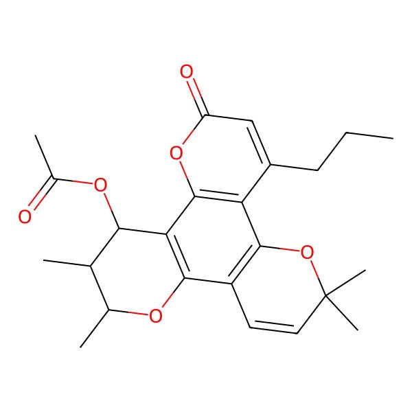 2D Structure of (4,5,16,16-Tetramethyl-10-oxo-12-propyl-3,9,15-trioxatetracyclo[12.4.0.02,7.08,13]octadeca-1(14),2(7),8(13),11,17-pentaen-6-yl) acetate