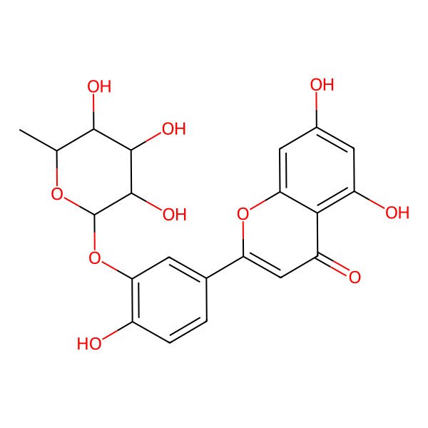 2D Structure of 5,7-dihydroxy-2-[4-hydroxy-3-[(2R,3R,4R,5R,6S)-3,4,5-trihydroxy-6-methyloxan-2-yl]oxyphenyl]chromen-4-one