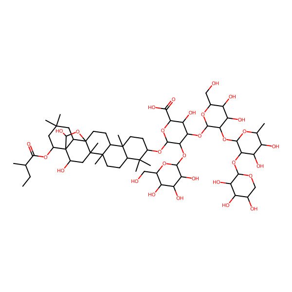 2D Structure of 6-[[2,23-Dihydroxy-4,5,9,9,13,20,20-heptamethyl-22-(2-methylbutanoyloxy)-24-oxahexacyclo[15.5.2.01,18.04,17.05,14.08,13]tetracosan-10-yl]oxy]-4-[3-[4,5-dihydroxy-6-methyl-3-(3,4,5-trihydroxyoxan-2-yl)oxyoxan-2-yl]oxy-4,5-dihydroxy-6-(hydroxymethyl)oxan-2-yl]oxy-3-hydroxy-5-[3,4,5-trihydroxy-6-(hydroxymethyl)oxan-2-yl]oxyoxane-2-carboxylic acid