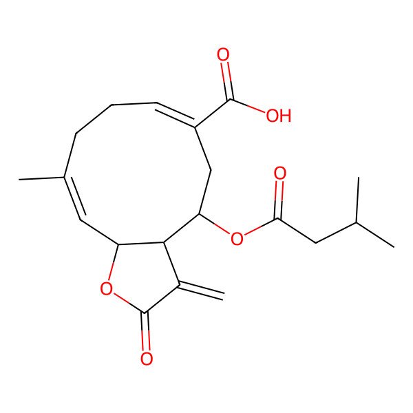 2D Structure of 10-Methyl-4-(3-methylbutanoyloxy)-3-methylidene-2-oxo-3a,4,5,8,9,11a-hexahydrocyclodeca[b]furan-6-carboxylic acid