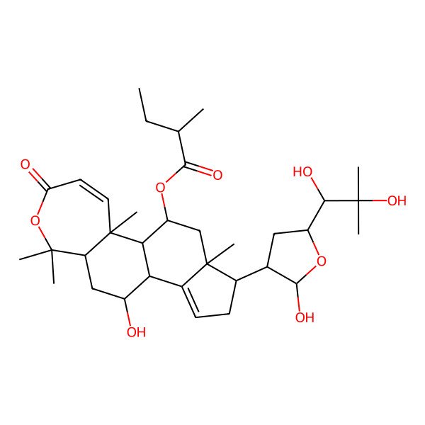 2D Structure of [(1S,3bR,4R,5aR,10aR,10bS,11R,12aS)-1-[(2S,3S,5R)-5-[(1S)-1,2-dihydroxy-2-methylpropyl]-2-hydroxyoxolan-3-yl]-4-hydroxy-6,6,10a,12a-tetramethyl-8-oxo-2,3b,4,5,5a,10b,11,12-octahydro-1H-indeno[5,4-g][2]benzoxepin-11-yl] (2R)-2-methylbutanoate