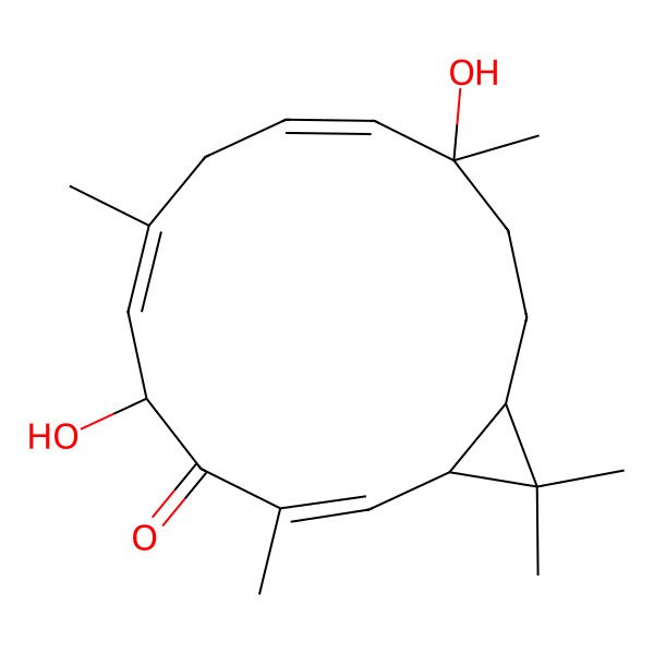 2D Structure of (1R,2E,5S,6E,9E,14R)-5,11-dihydroxy-3,7,11,15,15-pentamethylbicyclo[12.1.0]pentadeca-2,6,9-trien-4-one