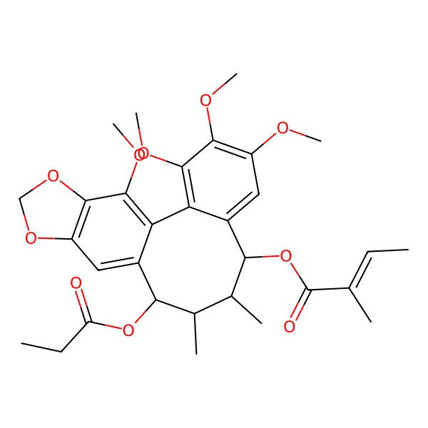 2D Structure of (3,4,5,19-Tetramethoxy-9,10-dimethyl-11-propanoyloxy-15,17-dioxatetracyclo[10.7.0.02,7.014,18]nonadeca-1(19),2,4,6,12,14(18)-hexaen-8-yl) 2-methylbut-2-enoate