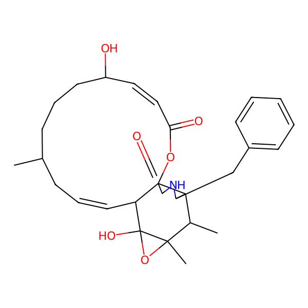 2D Structure of (1S,4E,6R,10R,12E,14R,15S,17R,18S,19S,20S)-20-benzyl-6,15-dihydroxy-10,17,18-trimethyl-2,16-dioxa-21-azatetracyclo[12.8.0.01,19.015,17]docosa-4,12-diene-3,22-dione