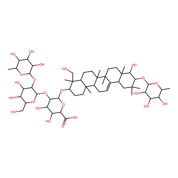 2D Structure of 5-[4,5-Dihydroxy-6-(hydroxymethyl)-3-(3,4,5-trihydroxy-6-methyloxan-2-yl)oxyoxan-2-yl]oxy-3,4-dihydroxy-6-[[9-hydroxy-4-(hydroxymethyl)-4,6a,6b,8a,11,11,14b-heptamethyl-10-(3,4,5-trihydroxy-6-methyloxan-2-yl)oxy-1,2,3,4a,5,6,7,8,9,10,12,12a,14,14a-tetradecahydropicen-3-yl]oxy]oxane-2-carboxylic acid