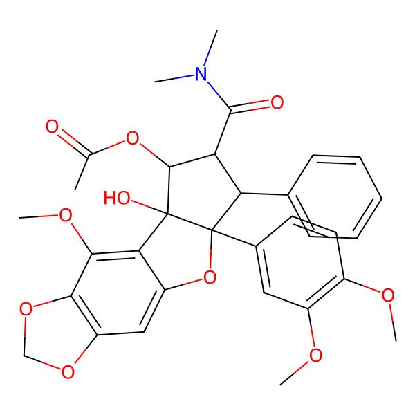 2D Structure of [14-(3,4-Dimethoxyphenyl)-12-(dimethylcarbamoyl)-10-hydroxy-8-methoxy-13-phenyl-4,6,15-trioxatetracyclo[7.6.0.03,7.010,14]pentadeca-1,3(7),8-trien-11-yl] acetate