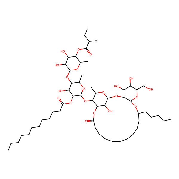 2D Structure of [5-[3,4-Dihydroxy-6-methyl-5-(2-methylbutanoyloxy)oxan-2-yl]oxy-4-hydroxy-6-methyl-2-[[4,5,26-trihydroxy-6-(hydroxymethyl)-24-methyl-20-oxo-10-pentyl-2,7,9,21,25-pentaoxatricyclo[20.3.1.03,8]hexacosan-23-yl]oxy]oxan-3-yl] dodecanoate