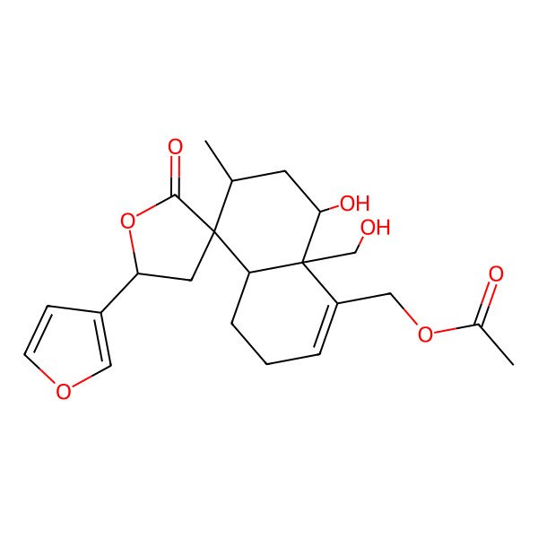 2D Structure of [(4aS,5R,5'S,6R,8R,8aR)-5'-(furan-3-yl)-8-hydroxy-8a-(hydroxymethyl)-6-methyl-2'-oxospiro[3,4,4a,6,7,8-hexahydronaphthalene-5,3'-oxolane]-1-yl]methyl acetate