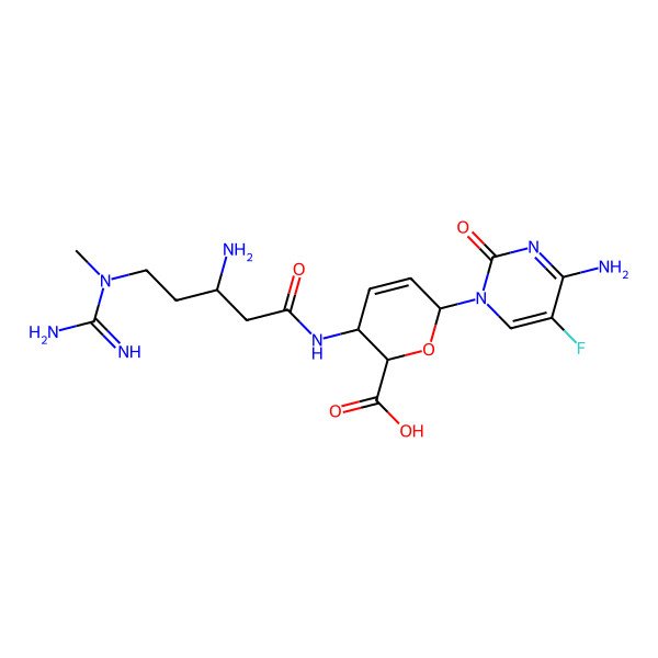 2D Structure of (2S,3S,6R)-3-[[(3S)-3-amino-5-[carbamimidoyl(methyl)amino]pentanoyl]amino]-6-(4-amino-5-fluoro-2-oxopyrimidin-1-yl)-3,6-dihydro-2H-pyran-2-carboxylic acid