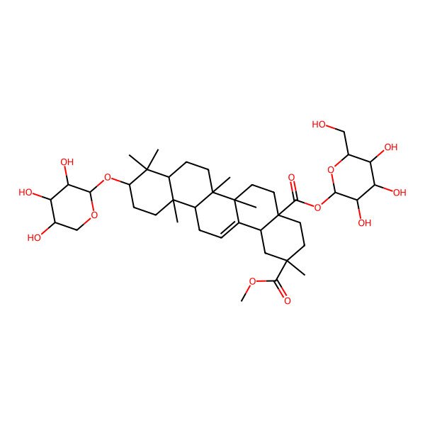 2D Structure of 2-O-methyl 4a-O-[(2S,3S,4R,5R,6S)-3,4,5-trihydroxy-6-(hydroxymethyl)oxan-2-yl] (2S,4aR,6aR,6aS,6bR,8aR,10S,12aR,14bS)-2,6a,6b,9,9,12a-hexamethyl-10-[(2S,3R,4S,5S)-3,4,5-trihydroxyoxan-2-yl]oxy-1,3,4,5,6,6a,7,8,8a,10,11,12,13,14b-tetradecahydropicene-2,4a-dicarboxylate