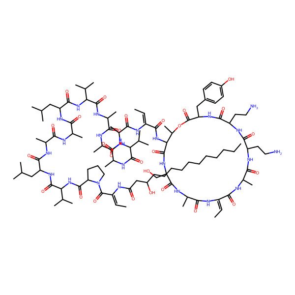 2D Structure of N-[1-[[1-[[1-[[1-[[1-[[1-[[1-[[1-[[1-[[1-[[1-[[1-[[6,9-bis(2-aminoethyl)-15-ethylidene-21-(hydroxymethyl)-3-[(4-hydroxyphenyl)methyl]-12,18,25-trimethyl-2,5,8,11,14,17,20,23-octaoxo-1-oxa-4,7,10,13,16,19,22-heptazacyclopentacos-24-yl]amino]-1-oxobut-2-en-2-yl]amino]-1-oxopropan-2-yl]amino]-1-oxopropan-2-yl]amino]-3-methyl-1-oxobutan-2-yl]amino]-1-oxopropan-2-yl]amino]-1-oxopropan-2-yl]amino]-3-methyl-1-oxobutan-2-yl]amino]-4-methyl-1-oxopentan-2-yl]amino]-1-oxopropan-2-yl]amino]-1-oxopropan-2-yl]amino]-4-methyl-1-oxopentan-2-yl]amino]-3-methyl-1-oxobutan-2-yl]-1-[2-(3-hydroxytetradecanoylamino)but-2-enoyl]pyrrolidine-2-carboxamide