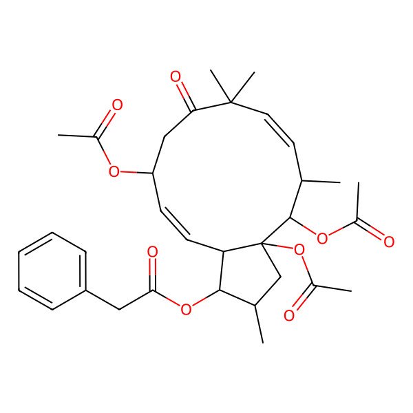 2D Structure of [(1S,2S,3aR,4S,5R,6E,11R,12E,13aS)-3a,4,11-triacetyloxy-2,5,8,8-tetramethyl-9-oxo-1,2,3,4,5,10,11,13a-octahydrocyclopenta[12]annulen-1-yl] 2-phenylacetate