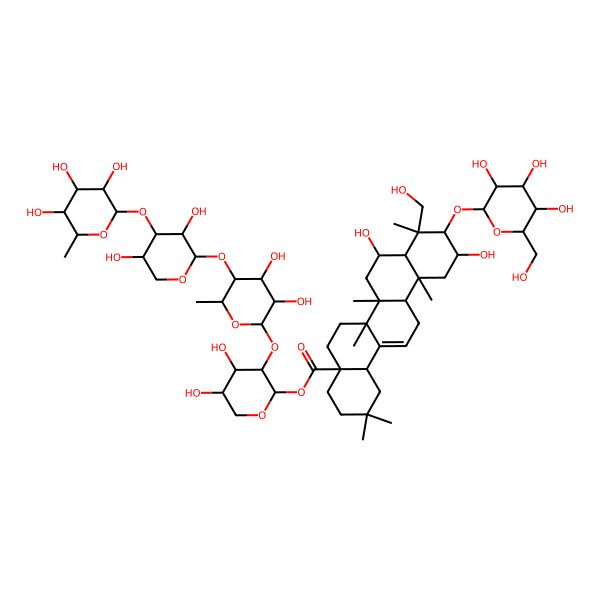 2D Structure of [(2S,3R,4R,5R)-3-[(2S,3R,4S,5S,6S)-5-[(2S,3R,4S,5R)-3,5-dihydroxy-4-[(2S,3R,4R,5R,6S)-3,4,5-trihydroxy-6-methyloxan-2-yl]oxyoxan-2-yl]oxy-3,4-dihydroxy-6-methyloxan-2-yl]oxy-4,5-dihydroxyoxan-2-yl] (4aS,6aR,6aS,6bR,8R,8aR,9R,10R,11S,12aR,14bS)-8,11-dihydroxy-9-(hydroxymethyl)-2,2,6a,6b,9,12a-hexamethyl-10-[(2R,3R,4S,5S,6R)-3,4,5-trihydroxy-6-(hydroxymethyl)oxan-2-yl]oxy-1,3,4,5,6,6a,7,8,8a,10,11,12,13,14b-tetradecahydropicene-4a-carboxylate