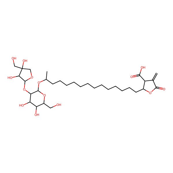 2D Structure of 2-[14-[3-[3,4-Dihydroxy-4-(hydroxymethyl)oxolan-2-yl]oxy-4,5-dihydroxy-6-(hydroxymethyl)oxan-2-yl]oxypentadecyl]-4-methylidene-5-oxooxolane-3-carboxylic acid