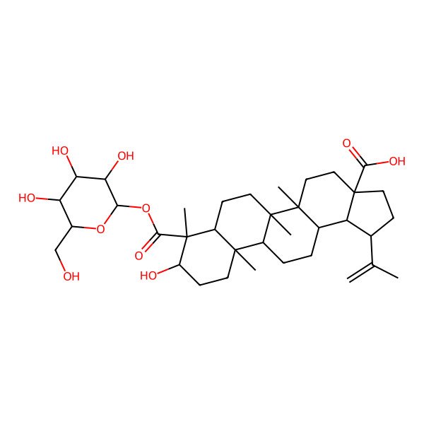 2D Structure of (1R,3aS,5aR,5bR,7aR,8R,9R,11aR,11bR,13aR,13bR)-9-hydroxy-5a,5b,8,11a-tetramethyl-1-prop-1-en-2-yl-8-[(2S,3R,4S,5S,6R)-3,4,5-trihydroxy-6-(hydroxymethyl)oxan-2-yl]oxycarbonyl-1,2,3,4,5,6,7,7a,9,10,11,11b,12,13,13a,13b-hexadecahydrocyclopenta[a]chrysene-3a-carboxylic acid