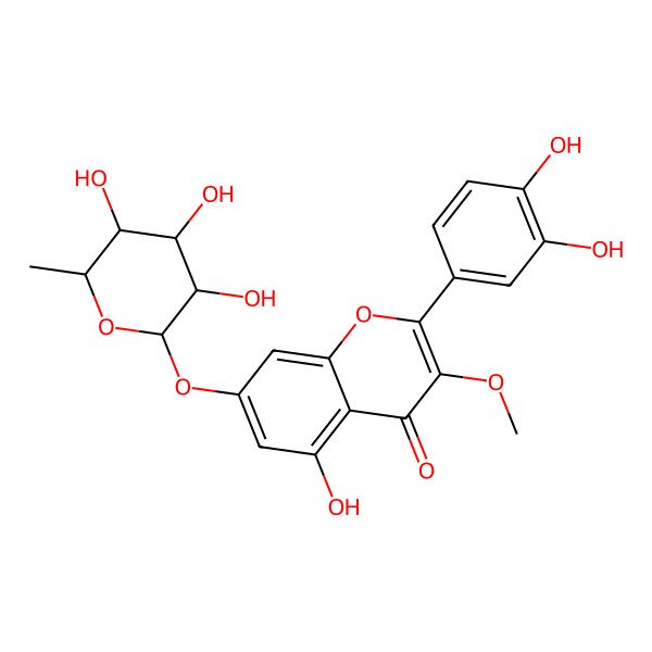 2D Structure of 2-(3,4-dihydroxyphenyl)-5-hydroxy-3-methoxy-7-[(2S,3R,4S,5R,6S)-3,4,5-trihydroxy-6-methyloxan-2-yl]oxychromen-4-one