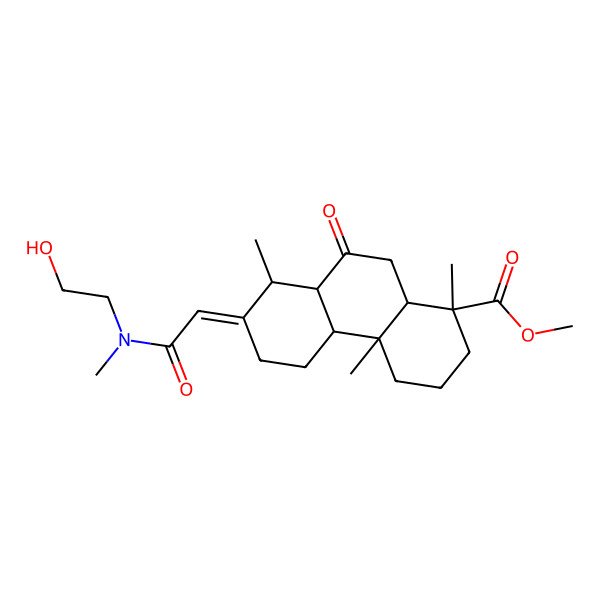 2D Structure of methyl (1S,4aR,4bS,7E,8R,8aS,10aR)-7-[2-[2-hydroxyethyl(methyl)amino]-2-oxoethylidene]-1,4a,8-trimethyl-9-oxo-2,3,4,4b,5,6,8,8a,10,10a-decahydrophenanthrene-1-carboxylate