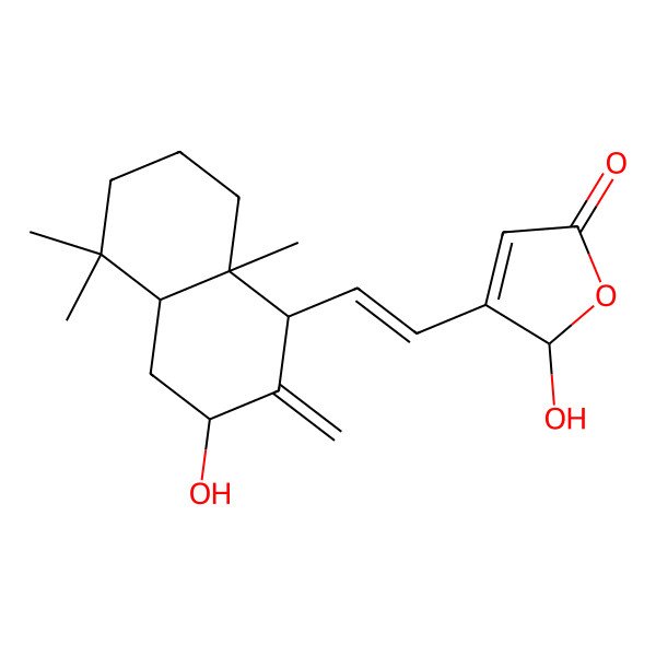 2D Structure of (2S)-3-[(E)-2-[(1R,3S,4aS,8aS)-3-hydroxy-5,5,8a-trimethyl-2-methylidene-3,4,4a,6,7,8-hexahydro-1H-naphthalen-1-yl]ethenyl]-2-hydroxy-2H-furan-5-one