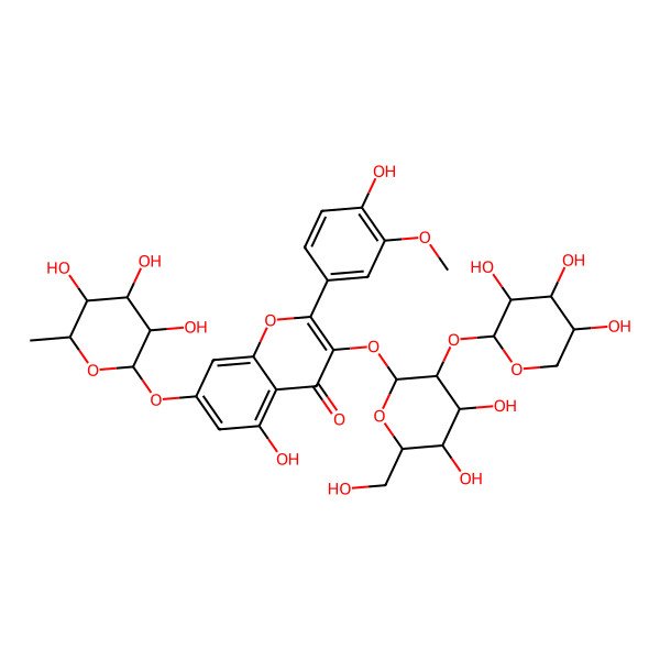 2D Structure of 3-[(2S,3R,4S,5S,6R)-4,5-dihydroxy-6-(hydroxymethyl)-3-[(2R,3R,4R,5R)-3,4,5-trihydroxyoxan-2-yl]oxyoxan-2-yl]oxy-5-hydroxy-2-(4-hydroxy-3-methoxyphenyl)-7-[(2S,3S,4R,5R,6S)-3,4,5-trihydroxy-6-methyloxan-2-yl]oxychromen-4-one