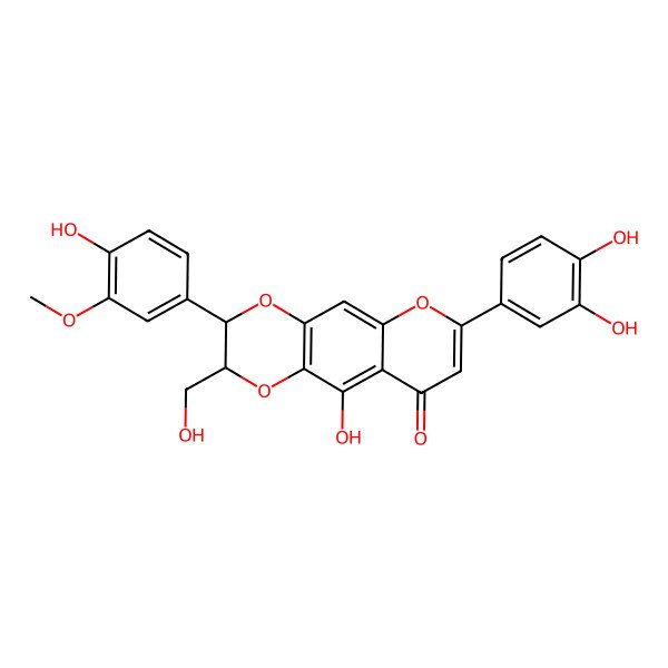 2D Structure of 7-(3,4-Dihydroxyphenyl)-10-hydroxy-3-(4-hydroxy-3-methoxyphenyl)-2-(hydroxymethyl)-2,3-dihydropyrano[2,3-g][1,4]benzodioxin-9-one