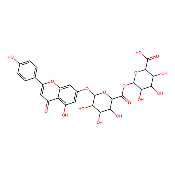 2D Structure of (2S,3S,4S,5R,6S)-3,4,5-trihydroxy-6-[(2S,3S,4S,5R,6S)-3,4,5-trihydroxy-6-[5-hydroxy-2-(4-hydroxyphenyl)-4-oxochromen-7-yl]oxyoxane-2-carbonyl]oxyoxane-2-carboxylic acid