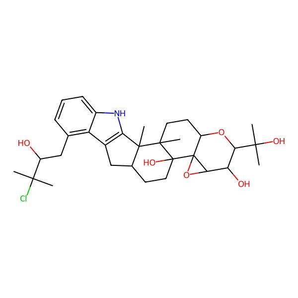 2D Structure of 19-(3-Chloro-2-hydroxy-3-methylbutyl)-7-(2-hydroxypropan-2-yl)-1,2-dimethyl-6,10-dioxa-24-azaheptacyclo[13.10.0.02,12.05,11.09,11.017,25.018,23]pentacosa-17(25),18,20,22-tetraene-8,12-diol