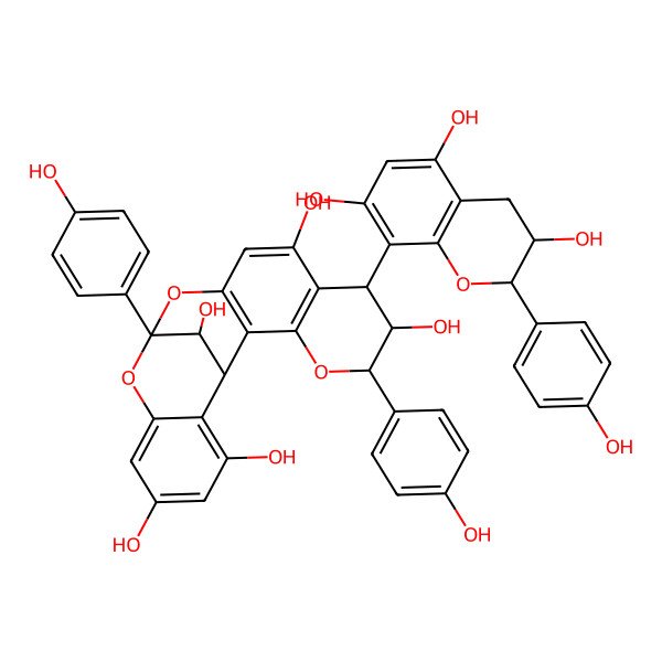 2D Structure of (1R,5R,6R,7S,13S,21R)-5,13-bis(4-hydroxyphenyl)-7-[(2R,3R)-3,5,7-trihydroxy-2-(4-hydroxyphenyl)-3,4-dihydro-2H-chromen-8-yl]-4,12,14-trioxapentacyclo[11.7.1.02,11.03,8.015,20]henicosa-2(11),3(8),9,15,17,19-hexaene-6,9,17,19,21-pentol