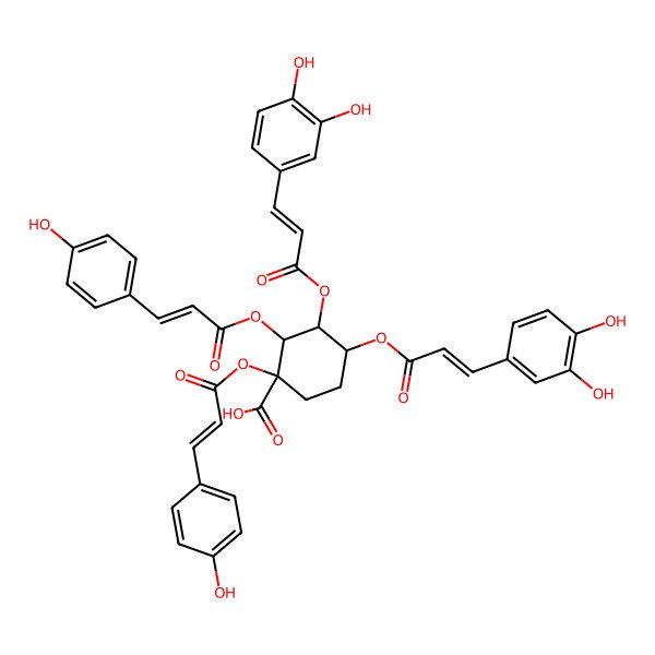 2D Structure of (1R,2S,3S,4R)-3,4-bis[[(E)-3-(3,4-dihydroxyphenyl)prop-2-enoyl]oxy]-1,2-bis[[(E)-3-(4-hydroxyphenyl)prop-2-enoyl]oxy]cyclohexane-1-carboxylic acid