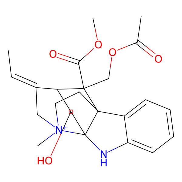 2D Structure of methyl (1S,10S,12S,13E,18R)-18-(acetyloxymethyl)-13-ethylidene-10-hydroxy-15-methyl-8-aza-15-azoniapentacyclo[10.5.1.01,9.02,7.09,15]octadeca-2,4,6-triene-18-carboxylate