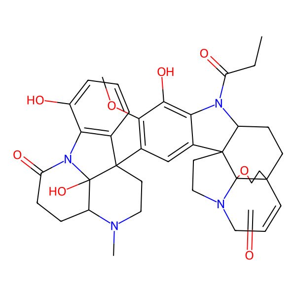 2D Structure of 9-(14,16-Dihydroxy-6-methyl-2-oxo-1,6-diazatetracyclo[7.6.1.05,16.010,15]hexadeca-10(15),11,13-trien-9-yl)-7-hydroxy-8-methoxy-5-propanoyl-17-oxa-5,15-diazahexacyclo[13.4.3.01,16.04,12.06,11.012,16]docosa-6,8,10,20-tetraen-18-one