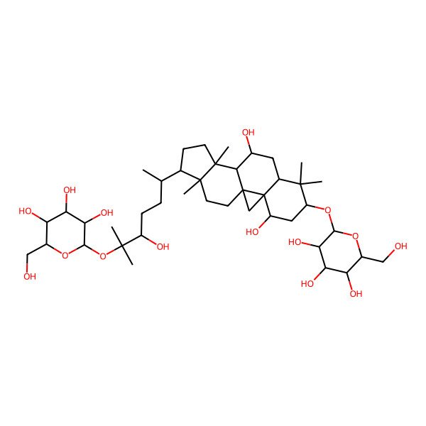 2D Structure of 2-[[4,10-Dihydroxy-15-[5-hydroxy-6-methyl-6-[3,4,5-trihydroxy-6-(hydroxymethyl)oxan-2-yl]oxyheptan-2-yl]-7,7,12,16-tetramethyl-6-pentacyclo[9.7.0.01,3.03,8.012,16]octadecanyl]oxy]-6-(hydroxymethyl)oxane-3,4,5-triol