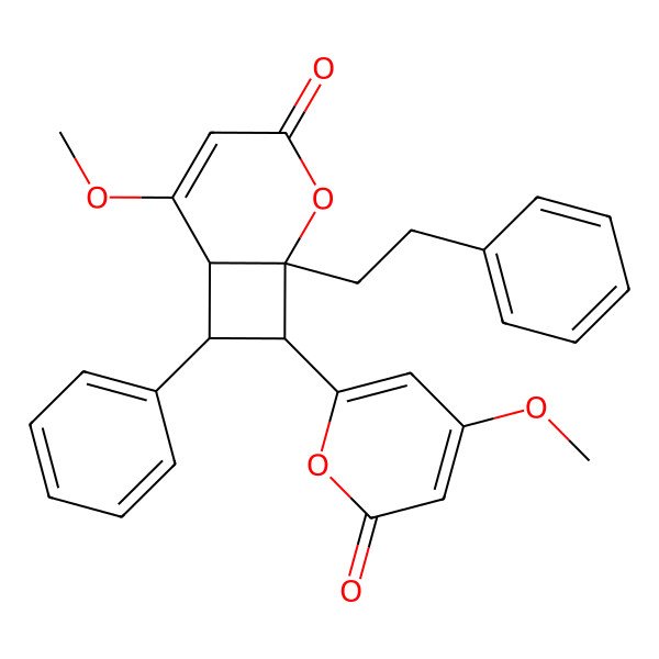 2D Structure of (1R,6S,7S,8S)-5-methoxy-8-(4-methoxy-6-oxopyran-2-yl)-7-phenyl-1-(2-phenylethyl)-2-oxabicyclo[4.2.0]oct-4-en-3-one