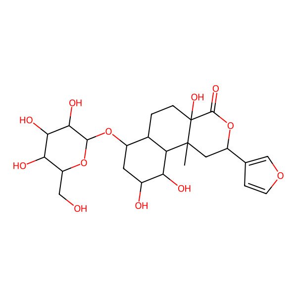 2D Structure of (2S,4aS,6aS,7R,9S,10R,10aR,10bS)-2-(furan-3-yl)-4a,9,10-trihydroxy-10b-methyl-7-[(2R,3R,4S,5S,6R)-3,4,5-trihydroxy-6-(hydroxymethyl)oxan-2-yl]oxy-1,2,5,6,6a,7,8,9,10,10a-decahydrobenzo[f]isochromen-4-one