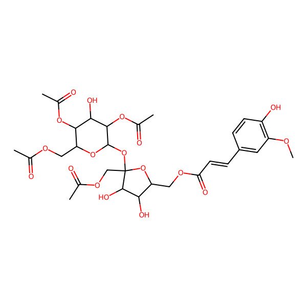 2D Structure of [(2R,3S,4S,5S)-5-(acetyloxymethyl)-5-[(2R,3R,4S,5S,6R)-3,5-diacetyloxy-6-(acetyloxymethyl)-4-hydroxyoxan-2-yl]oxy-3,4-dihydroxyoxolan-2-yl]methyl (E)-3-(4-hydroxy-3-methoxyphenyl)prop-2-enoate