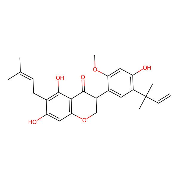 2D Structure of 5,7-Dihydroxy-3-[4-hydroxy-2-methoxy-5-(2-methylbut-3-en-2-yl)phenyl]-6-(3-methylbut-2-enyl)-2,3-dihydrochromen-4-one