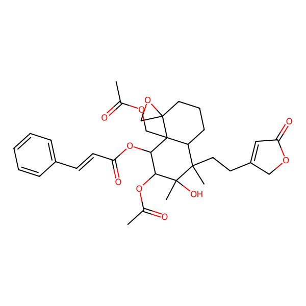 2D Structure of [(3R,4R,4aR,8R,8aR)-2-acetyloxy-8a-(acetyloxymethyl)-3-hydroxy-3,4-dimethyl-4-[2-(5-oxo-2H-furan-3-yl)ethyl]spiro[1,2,4a,5,6,7-hexahydronaphthalene-8,2'-oxirane]-1-yl] (E)-3-phenylprop-2-enoate